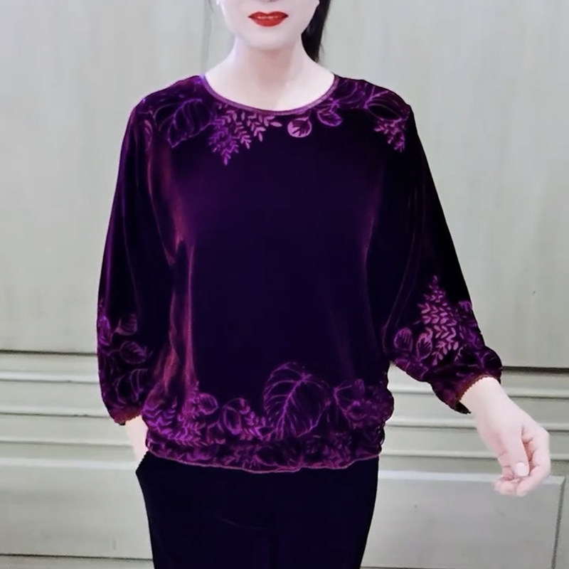 圆领九分袖真丝桑蚕丝植绒提花加肥加大妈妈装上衣财地CD091女装,女装/女士精品,中老年女装,淘宝优惠券,粉丝福利购,淘宝优惠卷