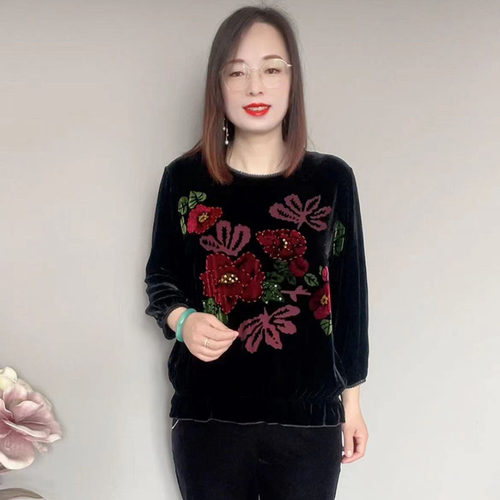 圆领手工串珠桑蚕丝植绒提花上衣