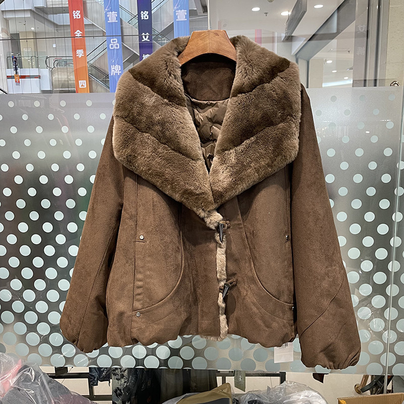 獭兔毛领长袖鹅绒羽绒服短款上衣