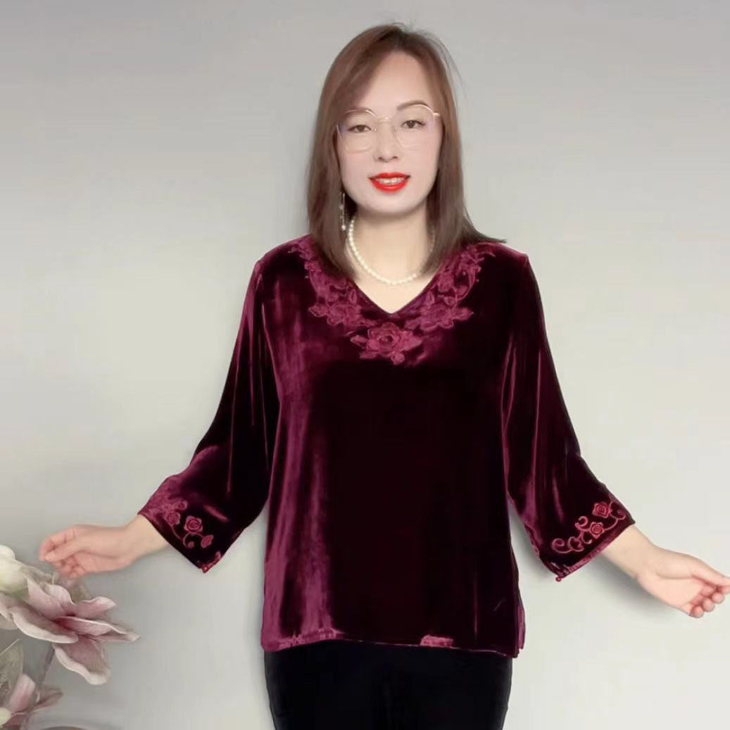 时尚新款V领刺绣九分袖套头桑蚕丝植绒加肥加大妈妈装上衣财地088