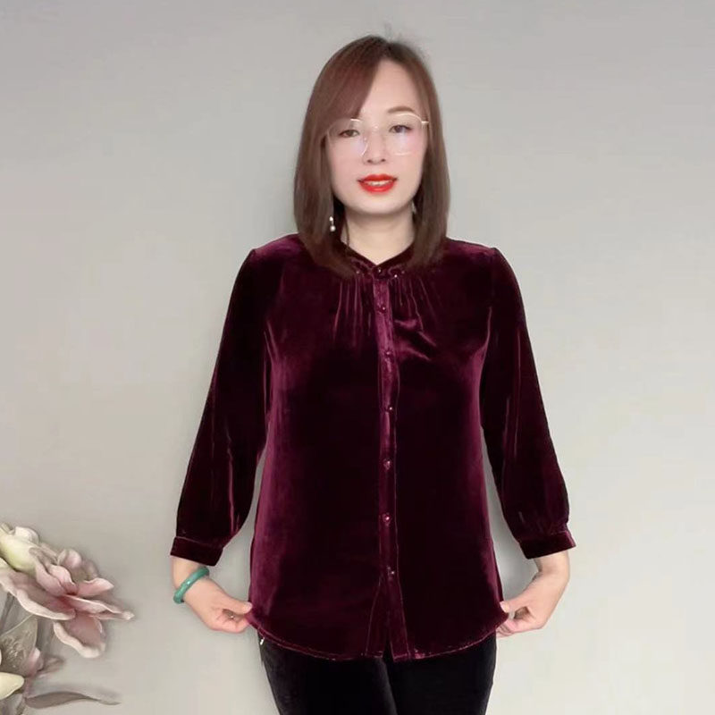 立领木耳边纽扣桑蚕丝植绒上衣女