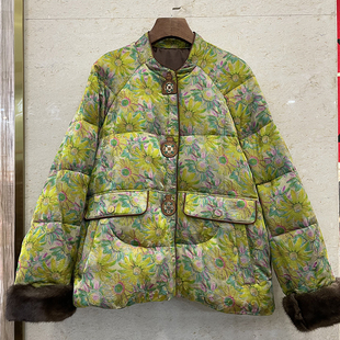 提花复古保暖水貂毛鹅绒服外套女上衣2561 圆领长袖 2025冬季 新款