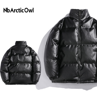nbarcticowl复古痞帅风PU皮立领棉衣男加厚保暖宽松棉服外套潮牌