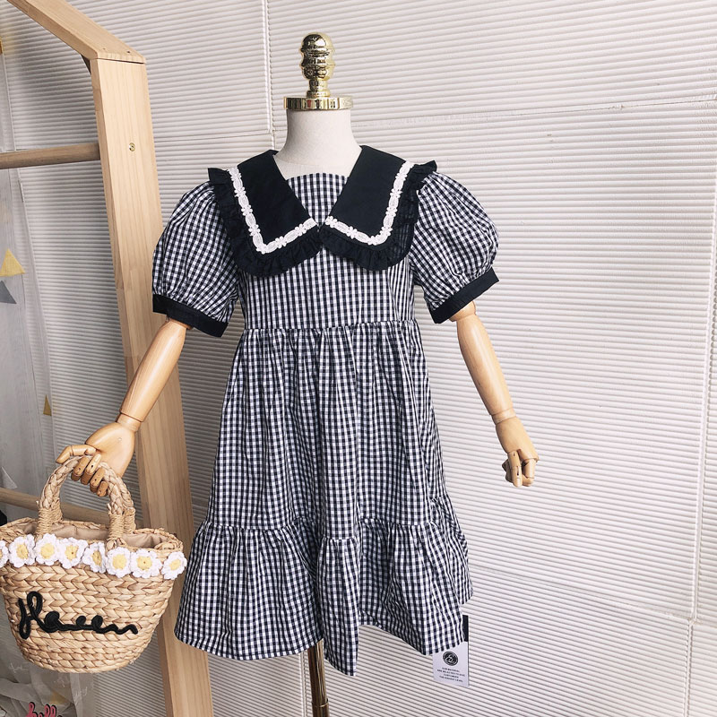 大E小e女童夏季连衣裙黑白格子淑女风泡泡袖公主裙中大童2106