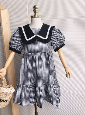 女童夏季黑白格子泡泡袖公主裙