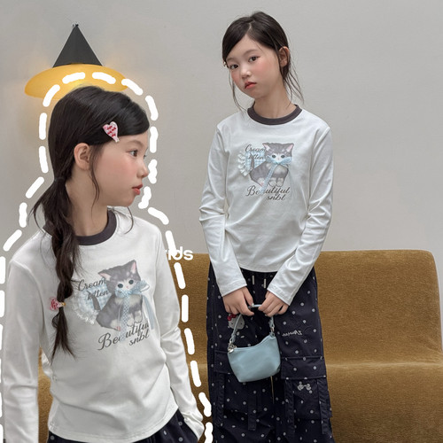 吾束2026秋装新款女童小猫蝴蝶结修身洋气长袖T恤短款上衣35300