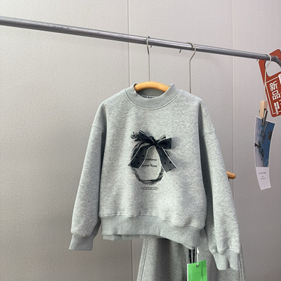 布芮童装2024冬女童短款宽松加绒卫衣中大童蝴蝶结洋气上衣63072