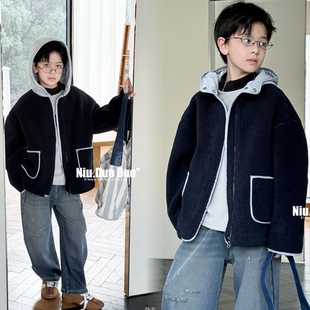 牛哆哆童装2025冬男女童皮绒一体休闲连帽休闲外套加厚棉服39336