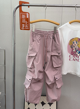 牛哆哆2024秋季新款女童多口袋工装裤粉色洋气直筒裤收口裤90708