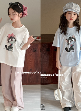 牛哆哆2025夏季短袖T恤女童卡通猫咪蕾丝蝴蝶结休闲洋气上衣55161