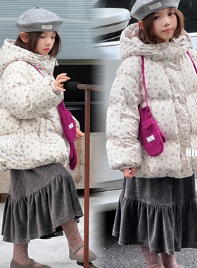 2025冬款牛哆哆连帽90白鸭绒碎花羽绒服中大童韩版保暖外套65153