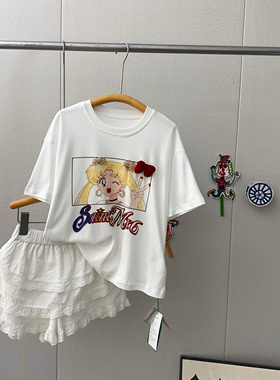 吾束2025夏季新款女童卡通美少女可爱宽松短袖T恤中大童亲子99011