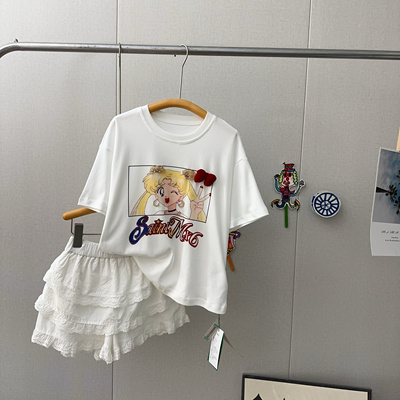 吾束2025夏季新款女童卡通美少女可爱宽松短袖T恤中大童亲子99011