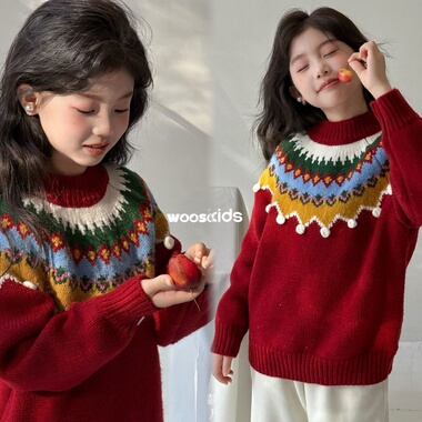 吾束2025冬季新款女童复古喜庆红色毛衣圣诞新年风打底衣95101