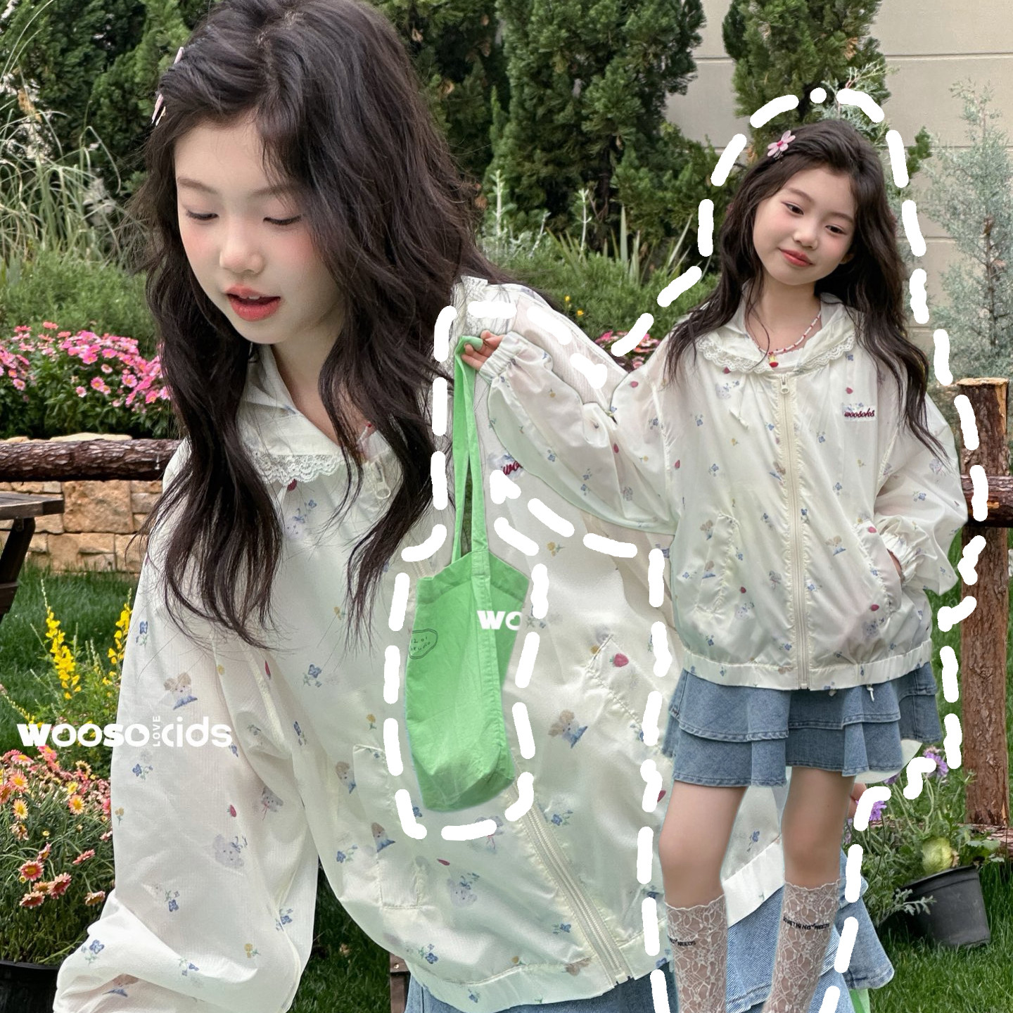 吾束夏防晒衣202新款女童可爱卡通蕾丝边连帽轻薄外套空调服33621