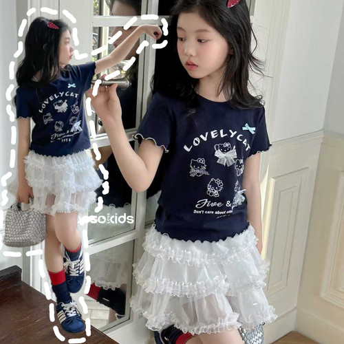 WOOSO2026夏季款女童木耳边卡通印花修身短袖雪纺裙两件套装33317