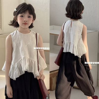 2025牛哆哆夏季款女童韩版文艺薄刺绣无袖背心不规则边上衣72585