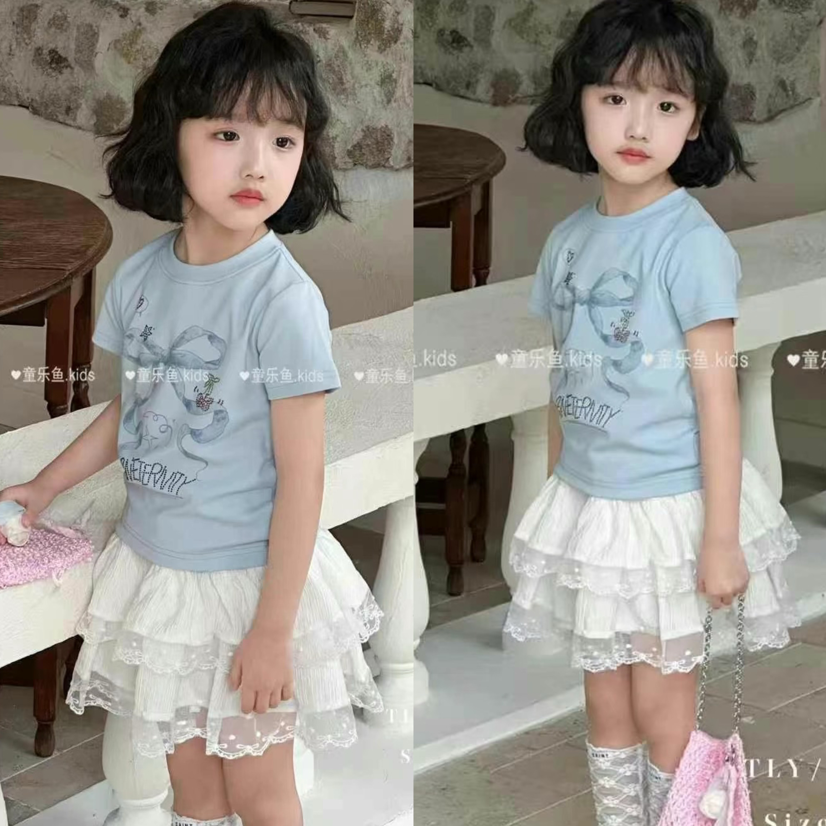 2025童乐鱼夏季女童休闲短款上衣可爱蝴蝶结贴钻韩版修身T恤8778
