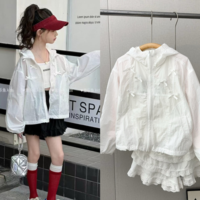 童乐鱼2025春款女童蝴蝶结薄款连帽外套中大童防晒衣空调服9719