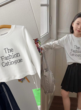 布芮O2025春装新品女童短款字母刺绣洋气修身长袖T恤中大童36133