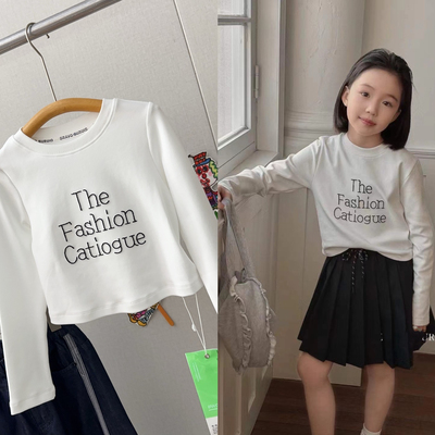 布芮O2025春装新品女童短款字母刺绣洋气修身长袖T恤中大童36133