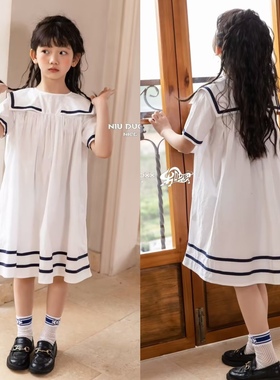 牛哆哆夏季新款女童海军领休闲棉布连衣裙中大童学院风67512