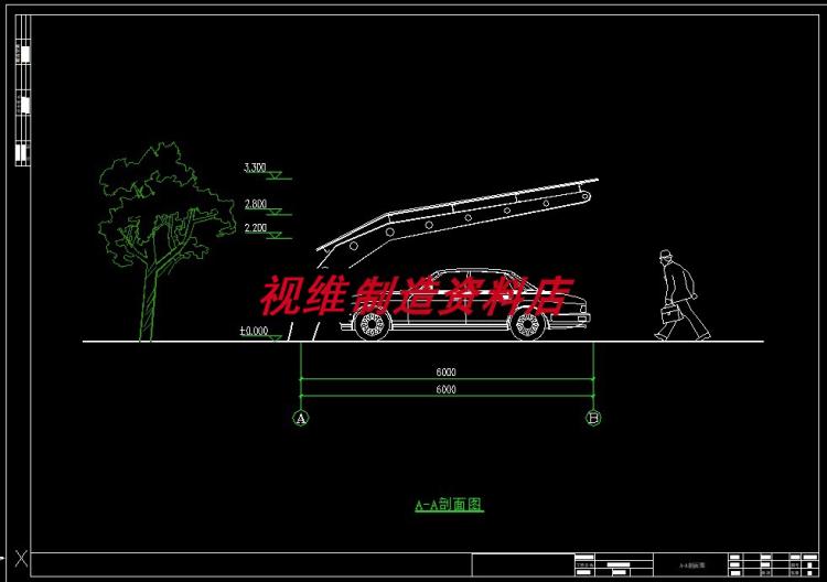 6米×30米钢结构停车棚汽车车棚施工图立面剖面节点CAD图纸