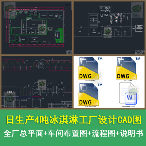 日生产4吨冰淇淋工厂设计全厂总平面车间布局CAD图带设计说明书