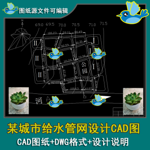 某城市给水排水给水地形标注图最大时简图CAD图带说明书沿线流量