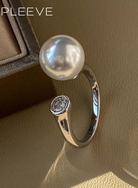 简约泡泡钻澳白珍珠戒指s925银高碳钻戴妃精工小众轻奢开口可调节