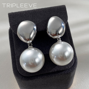 可拆卸设计师款澳母贝澳白珍珠耳钉耳坠耳饰通体s925纯银光面水滴