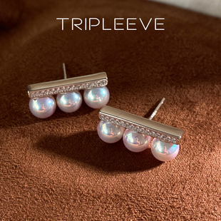 M家同款925银三珠平衡木澳母贝ak天女珍珠耳钉女法式复古高级耳环