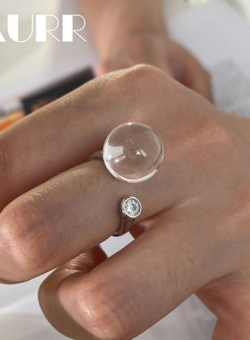 凝露微光！天然8A全净白水晶戒指s925银泡泡钻开口指环无孔牛鼻孔