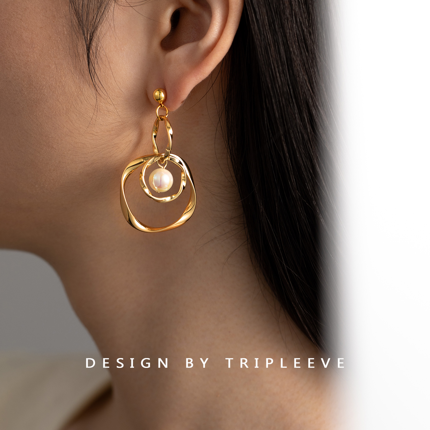 悬浮的珍珠耳圈休闲复古风几何圆圈耳环简约方圆脸耳饰无耳洞耳夹