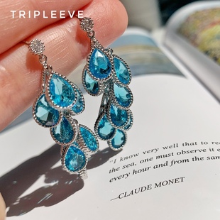 D型耳夹款 海蓝宝清脆串状水滴圆脸显瘦耳钉耳环 水滴 想逃跑