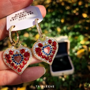 油画感耳饰小众设计师款 红蓝撞色爱心彩宝耳环耳坠 经典 莫奈花园