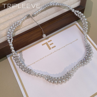 重工编织！花瓣立体法式珍珠项链s925银扣天鹅颈锁骨链人造澳白