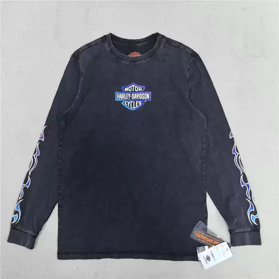 American High-End Motorcycle Brand Men's Round-Neck Long-Sleeve Heavy Washed Vintage Skin-Friendly Pure Cotton Long-Sleeve T-Shirt New Model