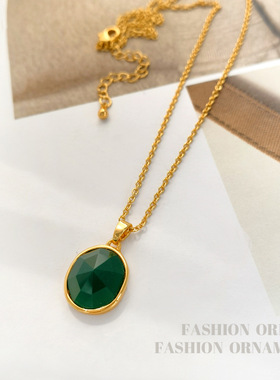 铜镀真金复古绿色几何吊坠项链时尚简约颈链早秋新款锁骨链女