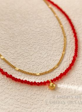 铜镀真金个性喜庆红色串珠项链时尚小众新年款叠戴设计锁骨链2292