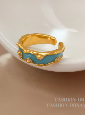 原创个性夏季新款蓝色开口戒指小众雏菊设计指环新潮款食指戒2509