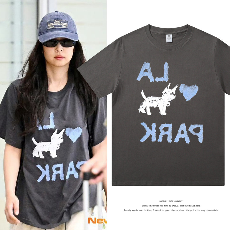 jennie金智妮同款灰色短袖T恤女2024夏季新款纯棉圆领宽松上衣服