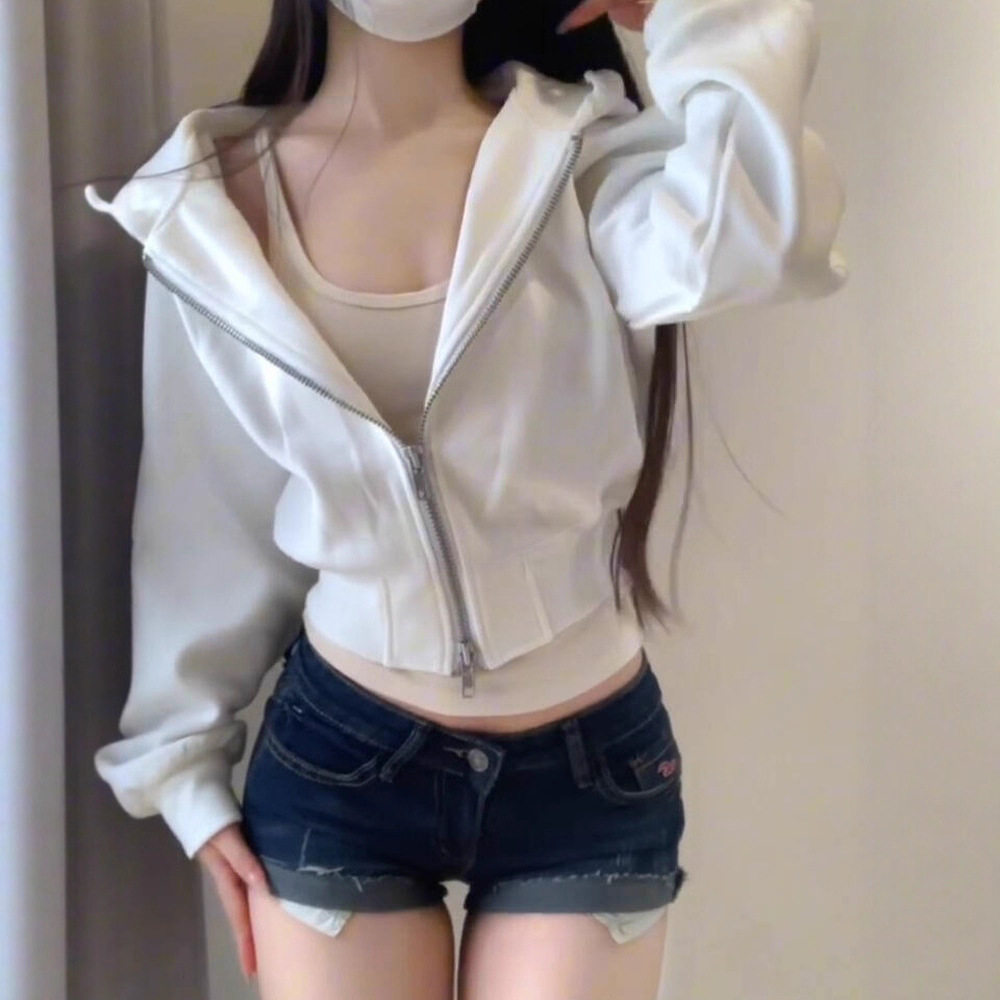 美式辣妹短款白色开衫卫衣女秋季双拉链设计感纯欲风收腰连帽