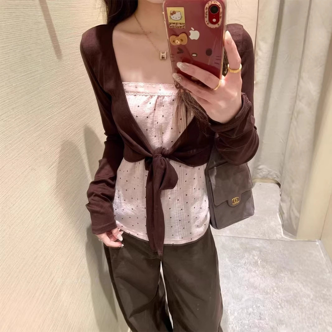 韩系甜美风蕾丝花边波点背心女春夏季新款显瘦短款开衫上衣两件套