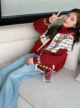 【连帽费尔岛】西西家女童2025冬提花毛衣外套儿童针织开衫JX218