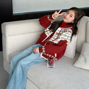 【连帽费尔岛】西西家女童2025冬提花毛衣外套儿童针织开衫JX218