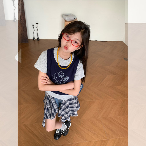西西家女童夏卡通假两件短袖T恤