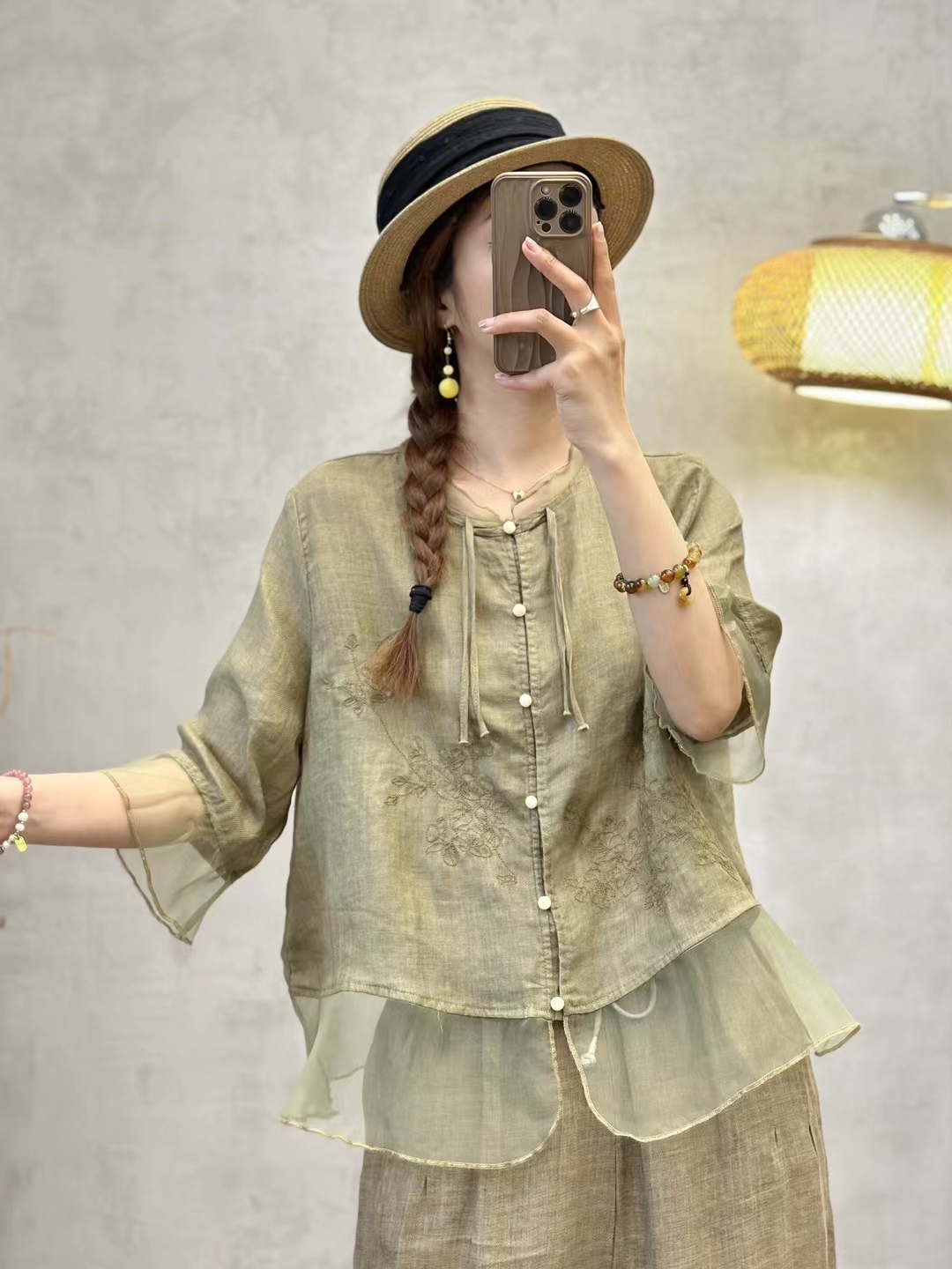 新中式盘扣纯苎麻刺绣上衣女短款衬衫夏季文艺茶服清冷风麻小衫