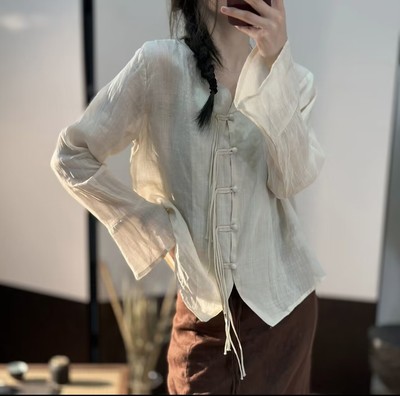 中式荷叶袖高端苎麻衫女V领上衣