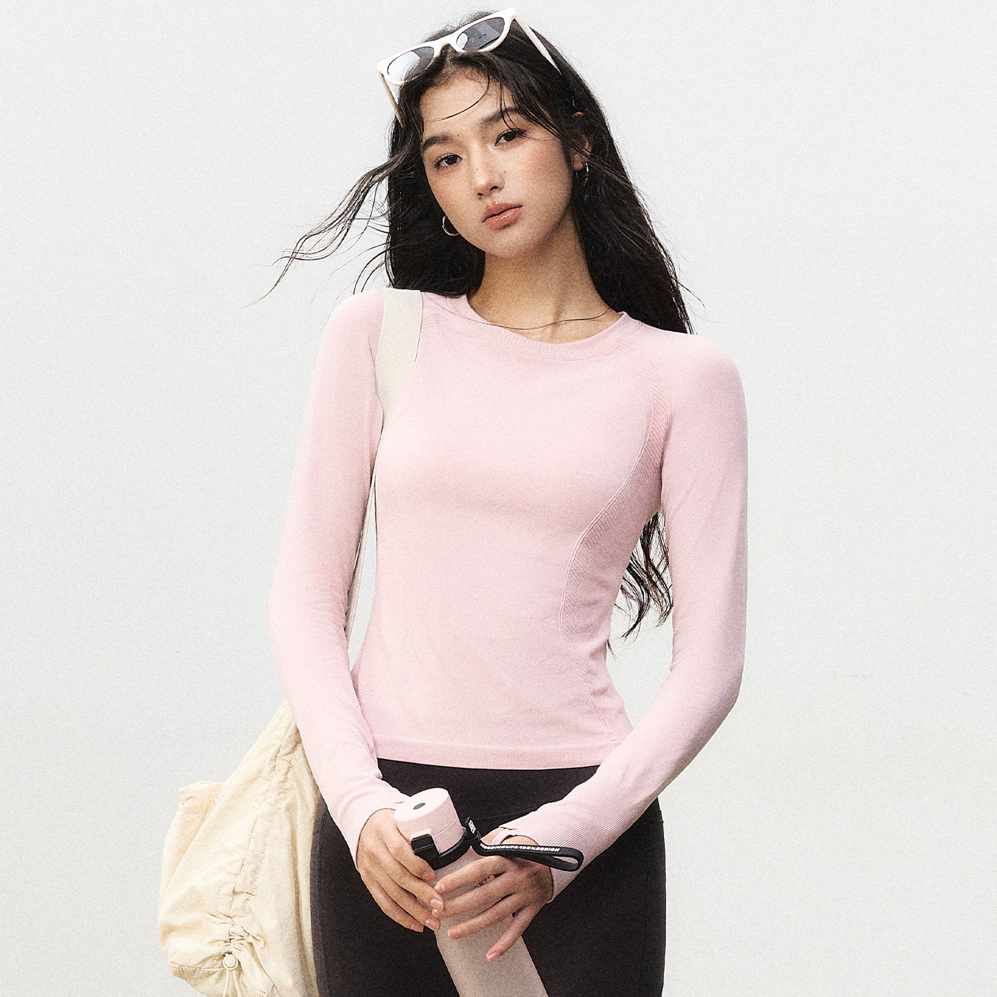 粉色紧身运动上衣女圆领普拉提训练瑜伽长袖打底衫跑步健身t恤冬